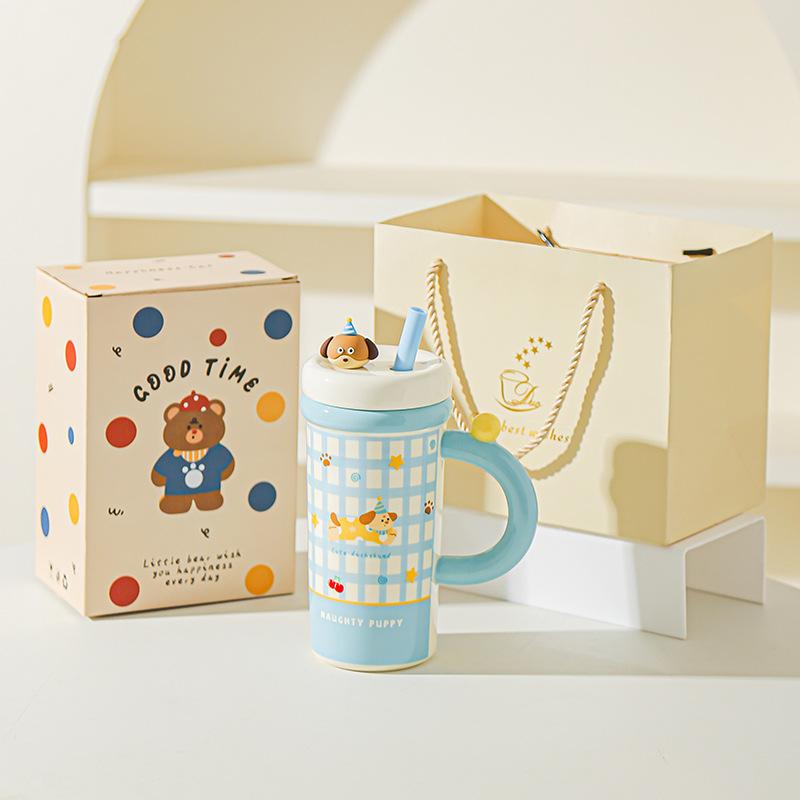 Large Capacity Cartoon Straw Cup with Lid Cute Mug High value Kitten Animal Ceramic Cup Set Gift