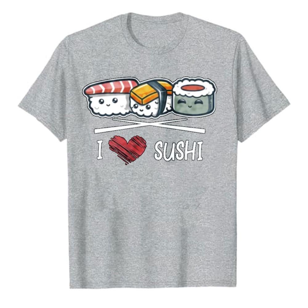 I Love Sushi Red Heart Cute Cartoon Nigiri Sushi Graphic Cotton Tshirt Food Lover Retro Streetwear Short Sleeve Daily Casual Tee