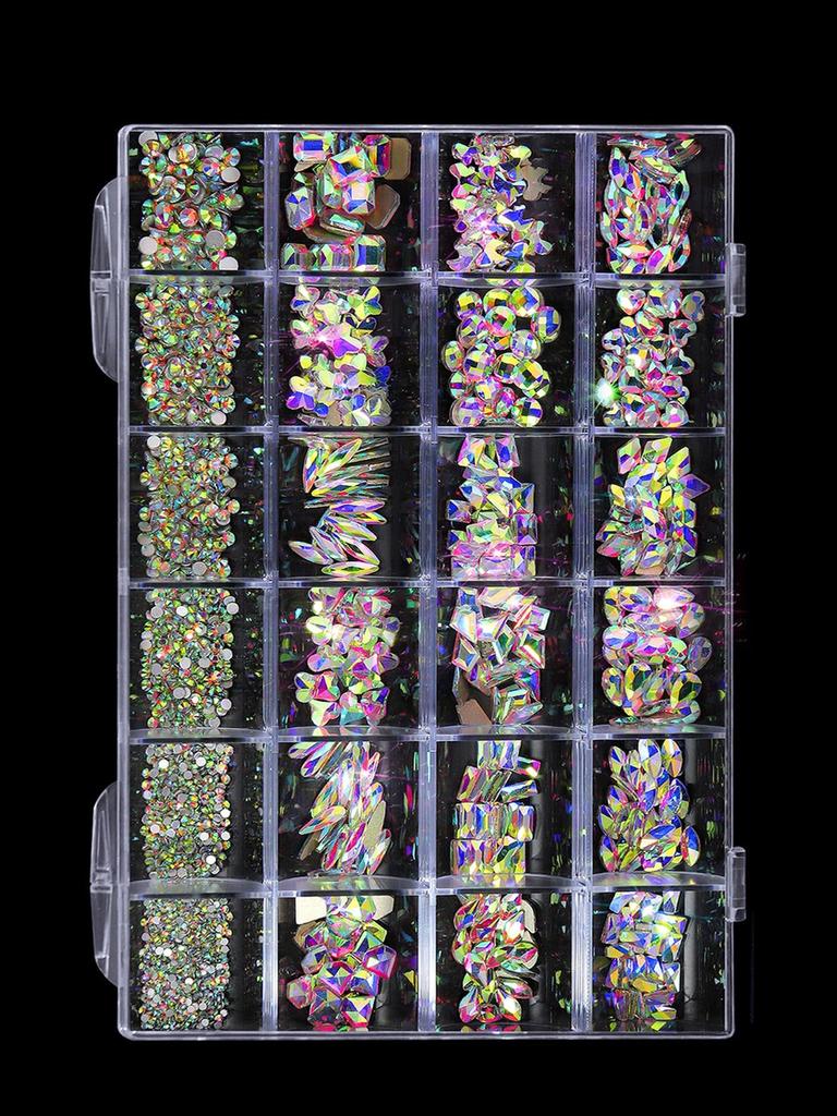 Iridescent Nail Art Rhinestone Set: 24 Grids of Mixed Super Sparkle Flat-Back Rhinestones in Special Shapes with Box Packaging.