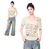 Super Good-looking Graffiti Letter Printing Slanted Shoulder Fake Two-piece Short-sleeved T-shirt Women's Summer New Off-the-shoulder Design Top