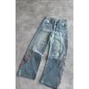 BeatStreet Vintage Cherry Blossom Black Knight Embroidery Jeans Y2k Retro Baggy Straight Denim Pants Blue Wash Jean