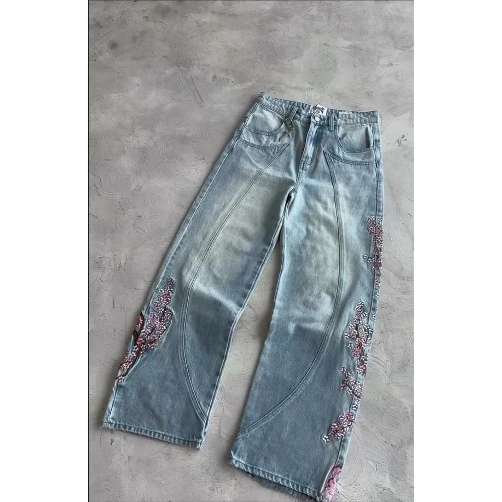 BeatStreet Vintage Cherry Blossom Black Knight Embroidery Jeans Y2k Retro Baggy Straight Denim Pants Blue Wash Jean