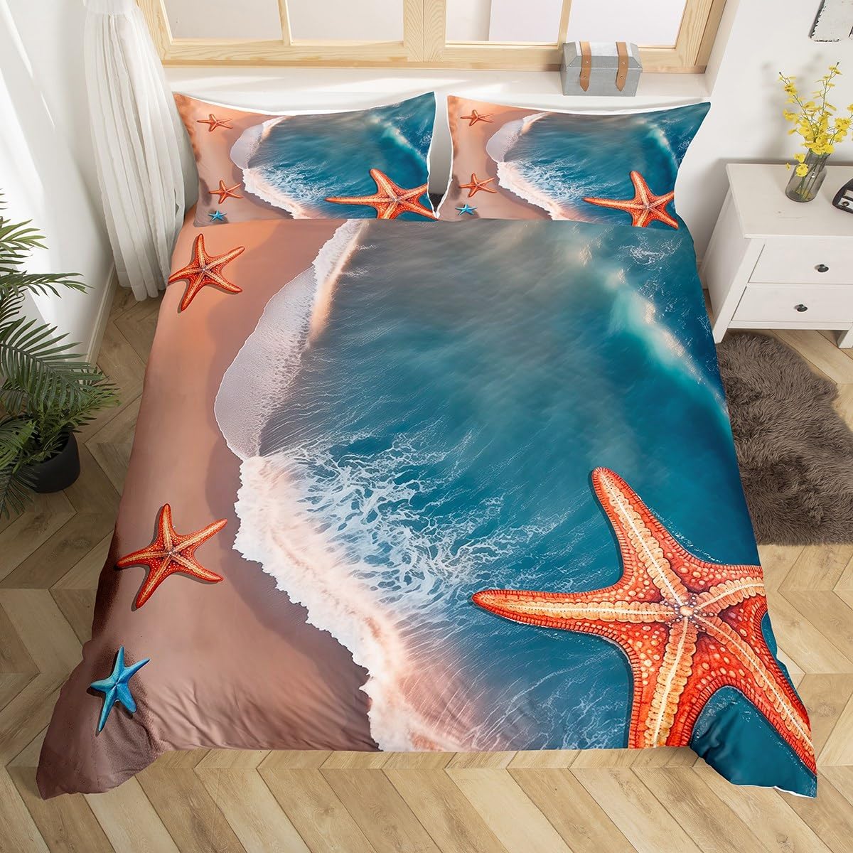 Comforter Beach Starfish Twin Cute Ocean Creatures Bedding Set Tropical Beach Sea Shells Print Comforter With Comforter (quilt)-EU Single(135*200cm)3pcs