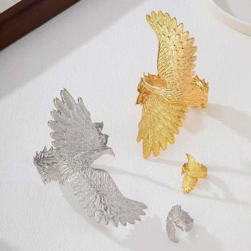 2 Pcs Gold Phoenix Cuff Bracelet Ring Set Exquisite Carved Details Adjustable Size Great For Party Prom Gift