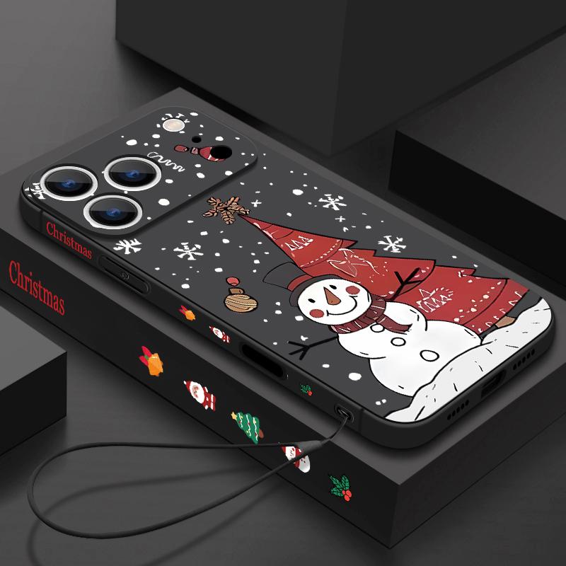 Christmas Snowman Pattern Lanyard Case For iPhone 17 15 16 Pro Max 12 13 14 Pro Max 16e Air 11 Shockproof Soft Strip Phone Cover