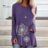Damen-Tunika-Oberteil in Übergröße mit Löwenzahn-Print, Longline-Shirt, Rundhalsausschnitt, Langarm, Pullover, T-Shirt, lässige Bluse mit lockerer Passform für die Arbeit, den Alltag