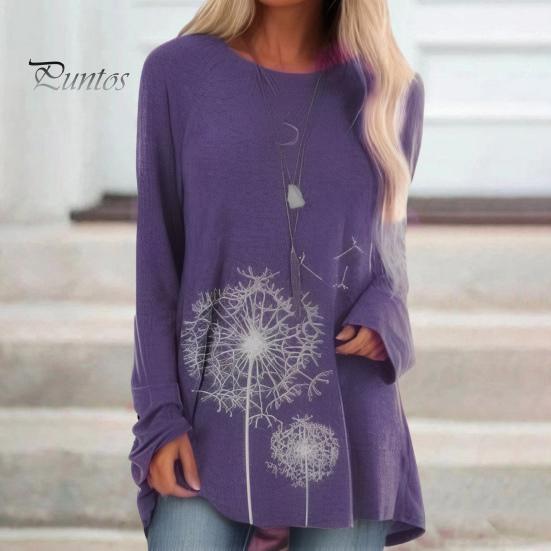 Damen-Tunika-Oberteil in Übergröße mit Löwenzahn-Print, Longline-Shirt, Rundhalsausschnitt, Langarm, Pullover, T-Shirt, lässige Bluse mit lockerer Passform für die Arbeit, den Alltag