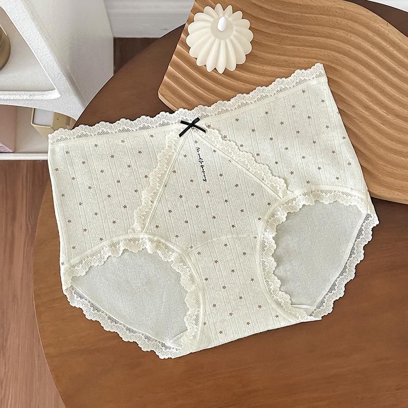 Ladies Summer Gentle Lace Stitching Jacquard Cotton Color Yarn 10A Bacteriostatic Crotch Mid Waist Triangle Briefs
