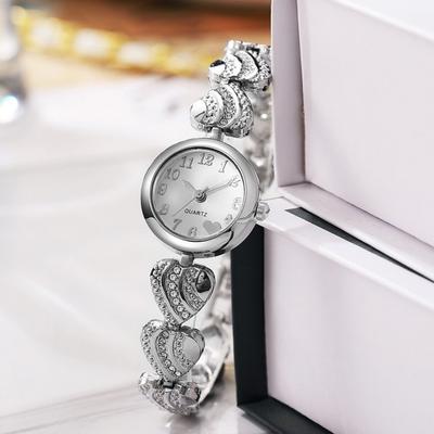 Women Heart Bracelet Watch Rhinestone Quartz Wristwatch Round Dial Elegant Watch for Party Casual Formal Wear
