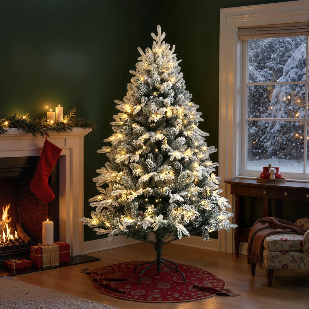 180cm Artificial Christmas Tree with 793 Branches, LED Lights and Snow-Covered Branches, Green