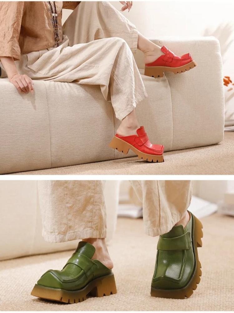 Johnature Retro Genuine Leather Square Toe Thick Soled Outdoor Slippers Thick Heel Women's Slip-on Shoes