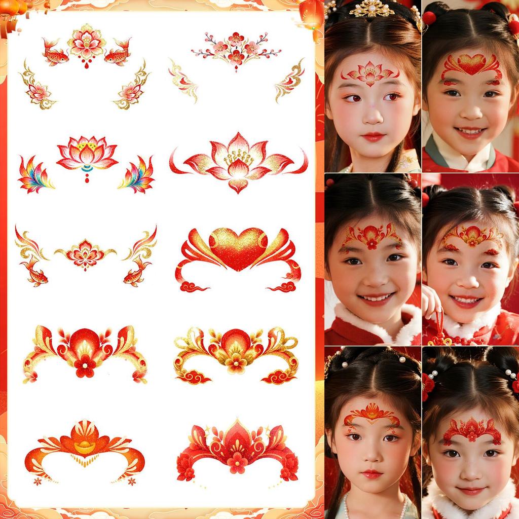 New Year Glitter Tattoo Stickers for Kids: Non-toxic, Easy to Clean, High-End, Cute Forehead Designs.