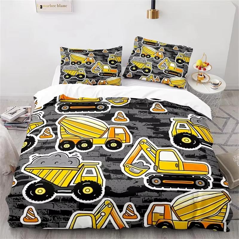 Cartoon Pattern Duvet Cover Set King Size Double Bed Full Size Engineering Truck Set Kids Boys Girls Excavator Bedding 3 Pcs