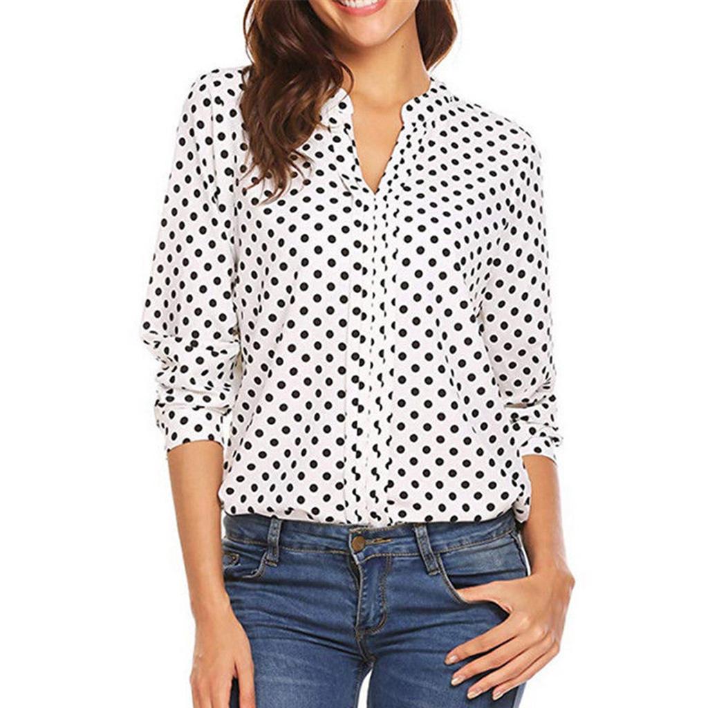 Women's Fashion Casual Polka Pot Print Long-sleeved V-neck Shirt Top