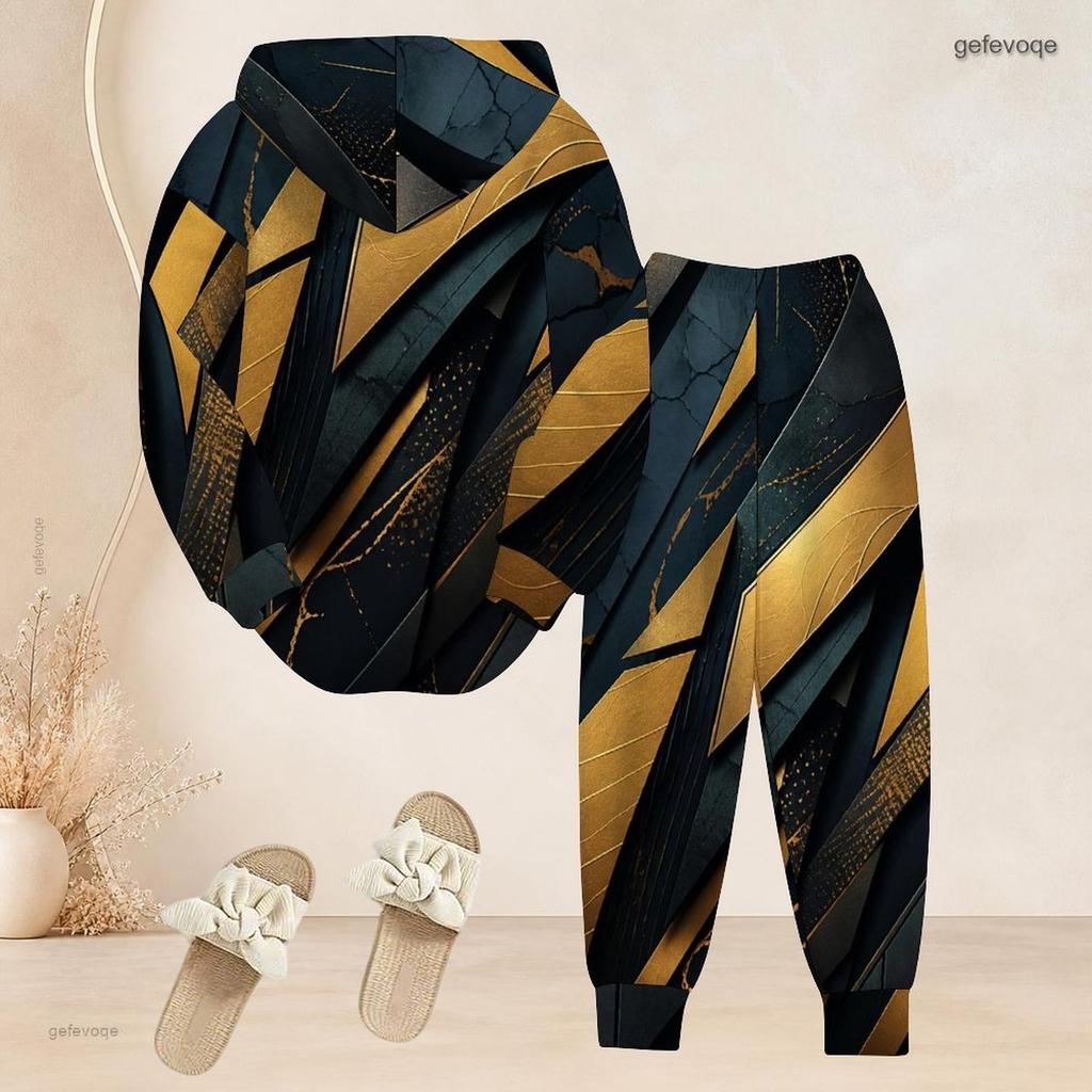 Women Plus Size Beige Grey Printed Two Piece Set Hooded Long Sleeve Top And Cuffed Pants