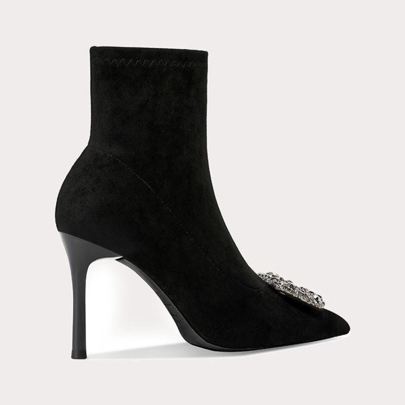 Fashion Rhinestone Skinny Heel Skinny Boots Autumn New Pointed Toe Suede Sleeve Non-Slip Anti-Shorthole Boots