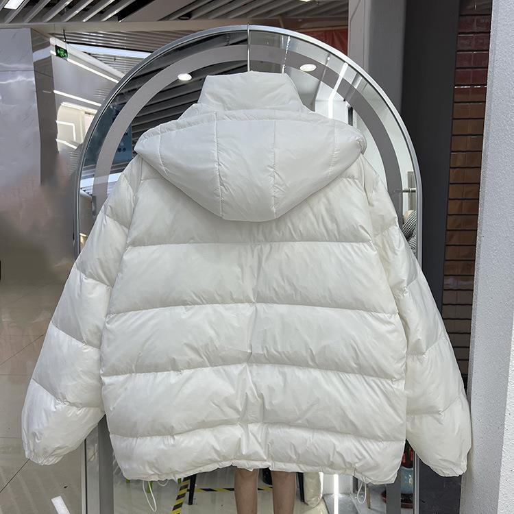 New Down Jacket with Hat Women's Short Solid Color Simple White Duck Down Winter Coat Trend Thickened