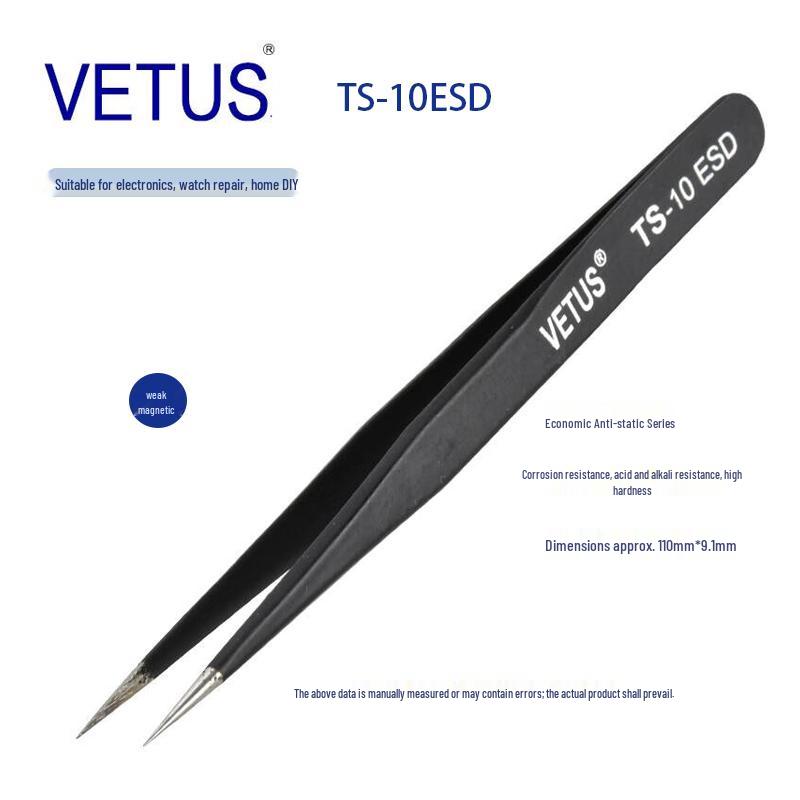 VETUS TS-10ESD Black Precision Stainless Steel Anti-static Fine Tip Tweezers with Genuine Product Guarantee