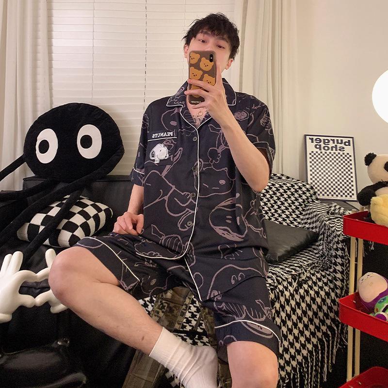 

Мужской пижамный комплект с мультяшным Снупи - Имитация хлопка, Летний кардиган, Короткий рукав и шорты, Подростковая домашняя одежда XL
