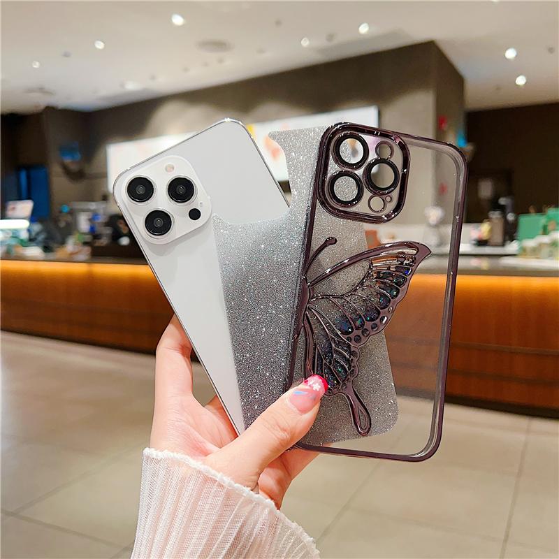 For iPhone 16E 15 Pro Max Fashion Glitter Butterfly Luxury Plating Frame Phone Case For iPhone 11 12 13 14 Plus Protective Cover