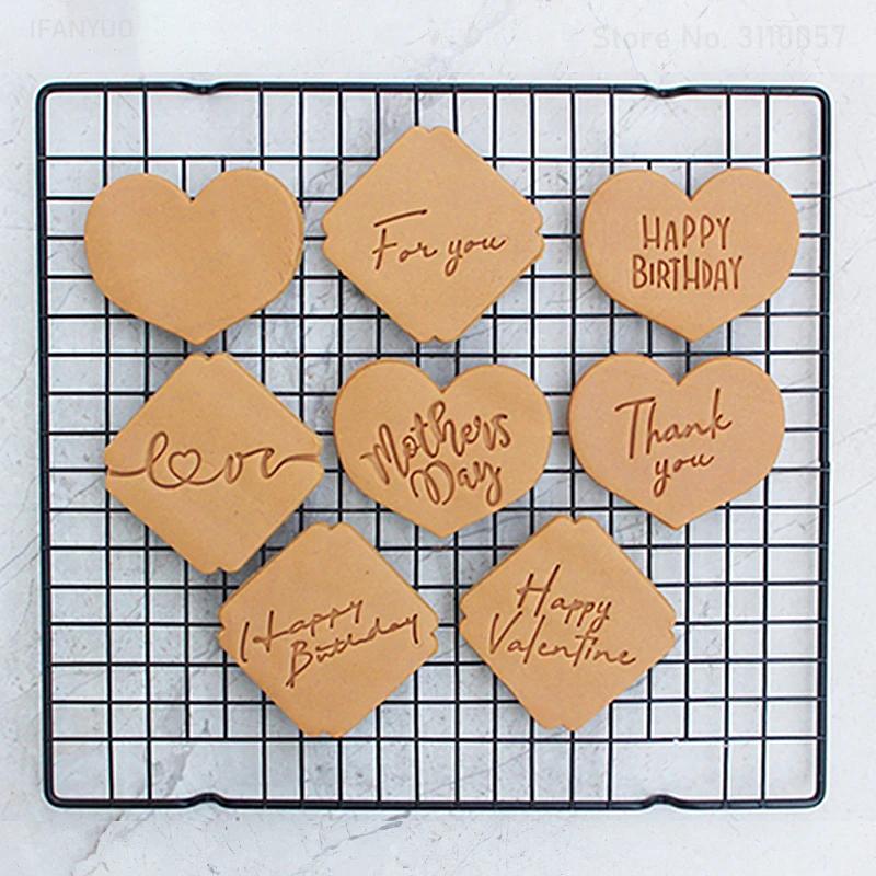 New English Blessing Words Happy Birthday Valentine Mother's Day Thank You Cookie Mold Embossing Stamp Press Frame Baking Tools