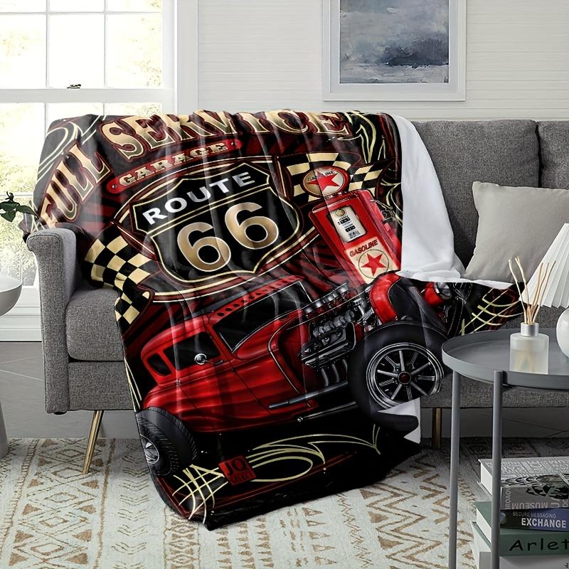Retro Pattern of Route 66 Flannel Printed Blanket Suitable for All Seasons Suitable for Living Room Office Sofa and Travel