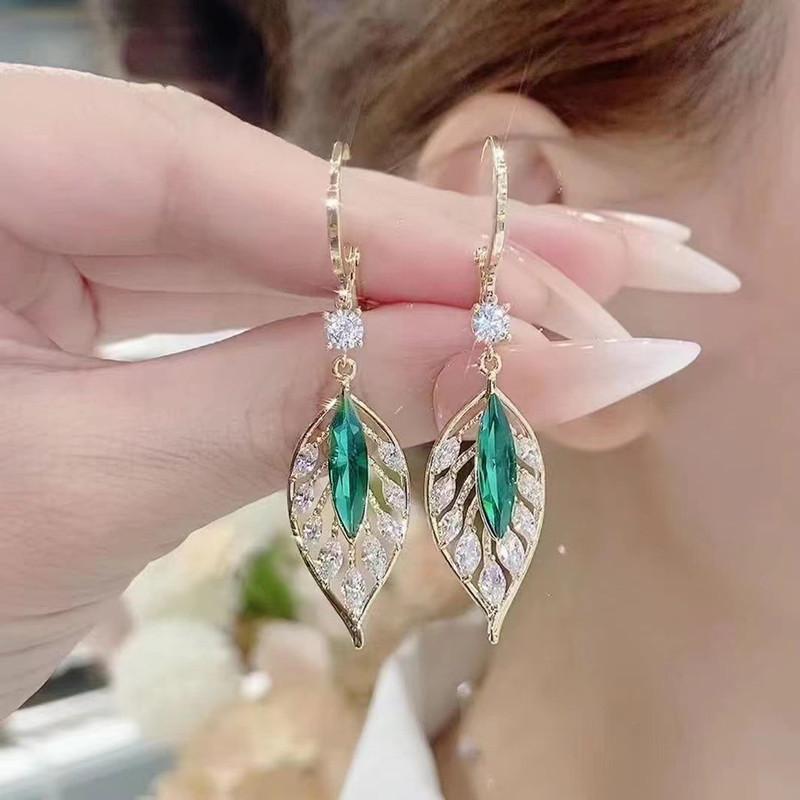 Orecchini Cristallo Verde Foglie Dorate per Donna Individualità Accessori Quotidiani San Valentino Anniversario Compleanno Gioielli Regali