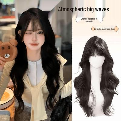 Women's Full Head Wig with Natural Seamless Bangs and Large Waves for Autumn and Winter 