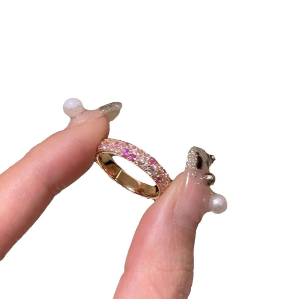 Rose Gold Gradual Change Peach Pink White Diamond Dense Inlaid Beads Stacked Ring Elegant Light Luxury High Sense Ring
