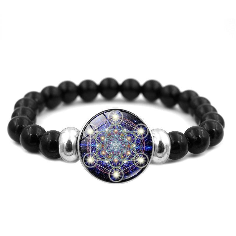 Таинственный браслет с кнопками в виде куба Метатрона, сакральная геометрия, цветок жизни, эластичные черные бусины, браслеты-нити для мужчин и женщин