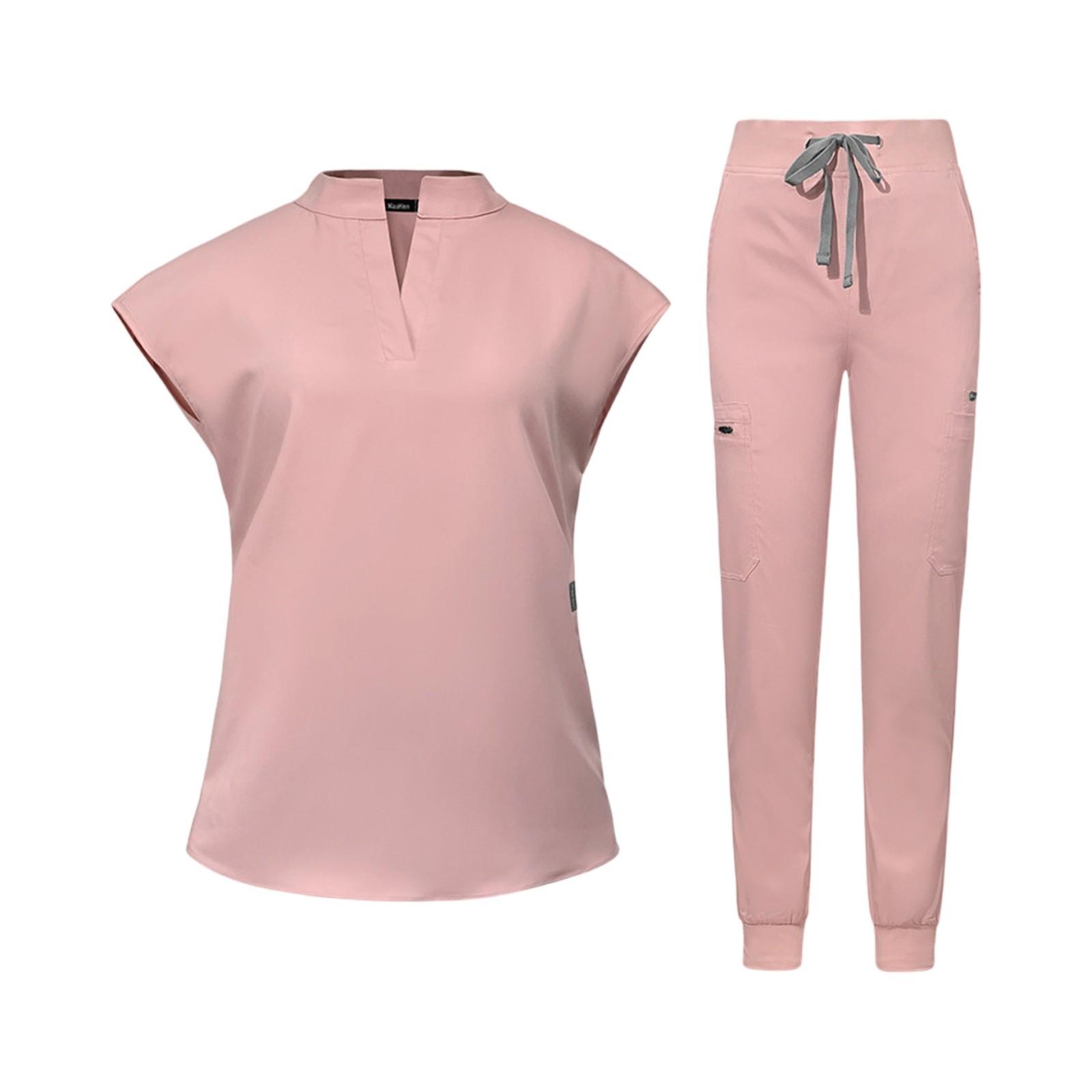 

Женский комплект из двух предметов: топ с короткими рукавами, однотонный, с карманом, брюки, рабочая одежда S розовый