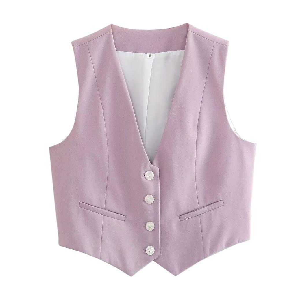 Dames Retro Ensfarget Godterifarge V-hals Kort Dressvest