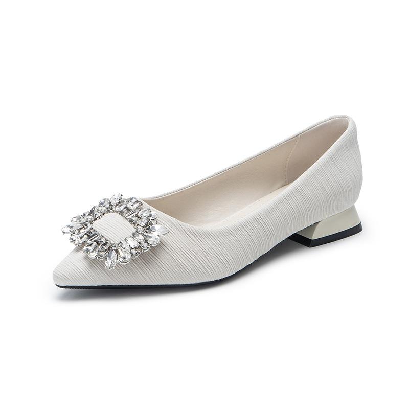 Su Yinyin Has the Same Style, Waltz~ Pointed Rhinestone Square Buckle V-mouth Ballet Flats, Women's Thick Heel Single Shoes, Spring Models.