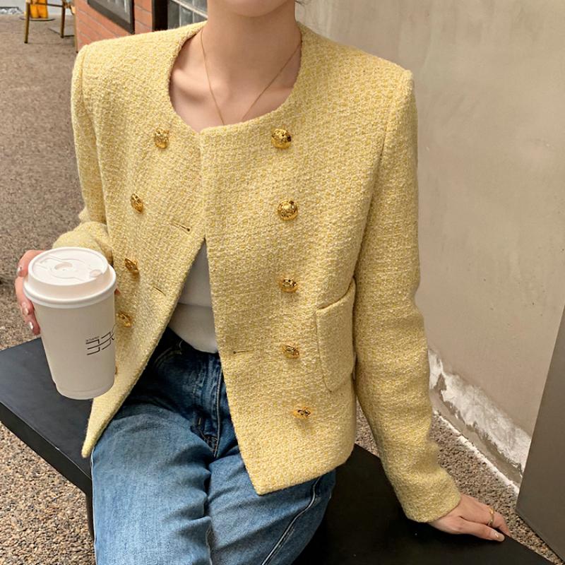 New Autumn Winter Tweed Jackets for Women Elegant O-neck Long Sleeve Wool Blends Coat Ladies Solid Outwear