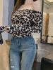 In-Stock Spicy Leopard Print Off-Shoulder Top: Waist-Cinching, Slimming, Long-Sleeved T-Shirt