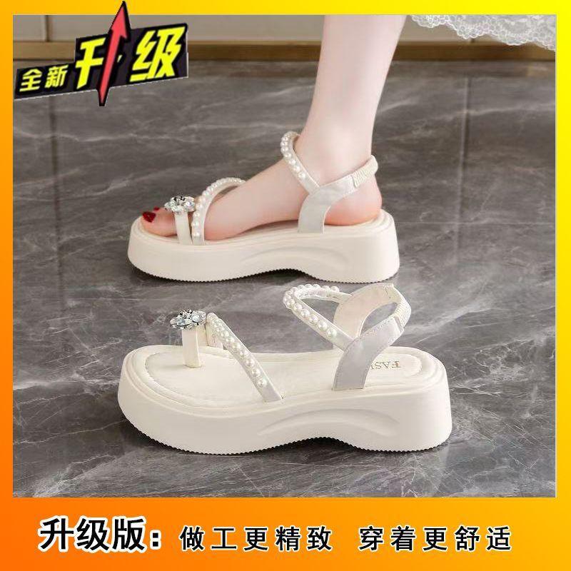 

Muffin sole comfortable one-word sandals 2025 summer new French pearl fairy high heels set toe sandals 40
