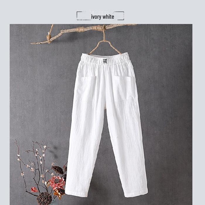 Women's 2023 Cotton-Linen Casual Straight Pants, Korean Style, Slim Fit, Lightweight Nine-Point Harem.
