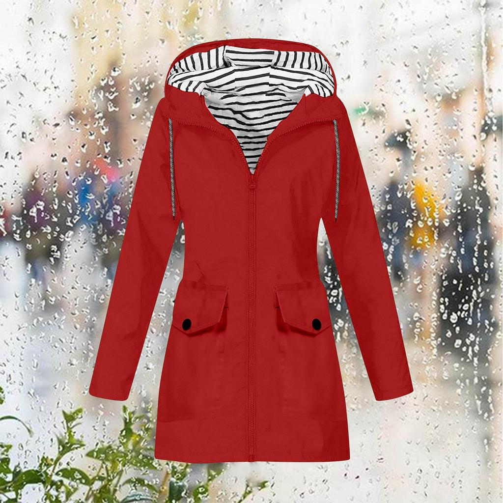 Women Stripe Rain Jacket Outdoor Plus Hooded Raincoat Windproof