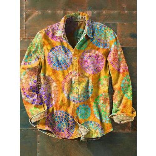 Retro-style Colour-block Print Men’s Long-sleeved Button-down Shirt