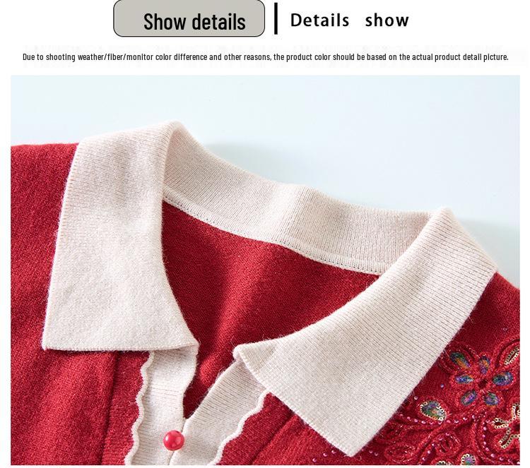 Elegant Embroidered Knit Lapel Sweater for Middle-Aged & Elderly Women - Autumn/Winter Style