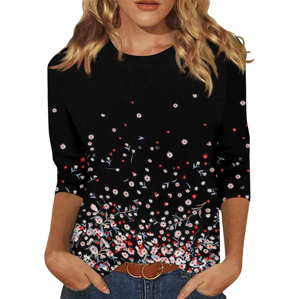3/4 Sleeve Shirts For Women Cute Print Graphic Tees Blouses Casual Plus Size Basic Tops Pullover