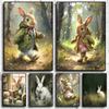 Easter Cute Bunny Reading Book Canvas Printing Retro Spring Flower Plant Bunny Antique Wall Art Poster for Nursery Home
