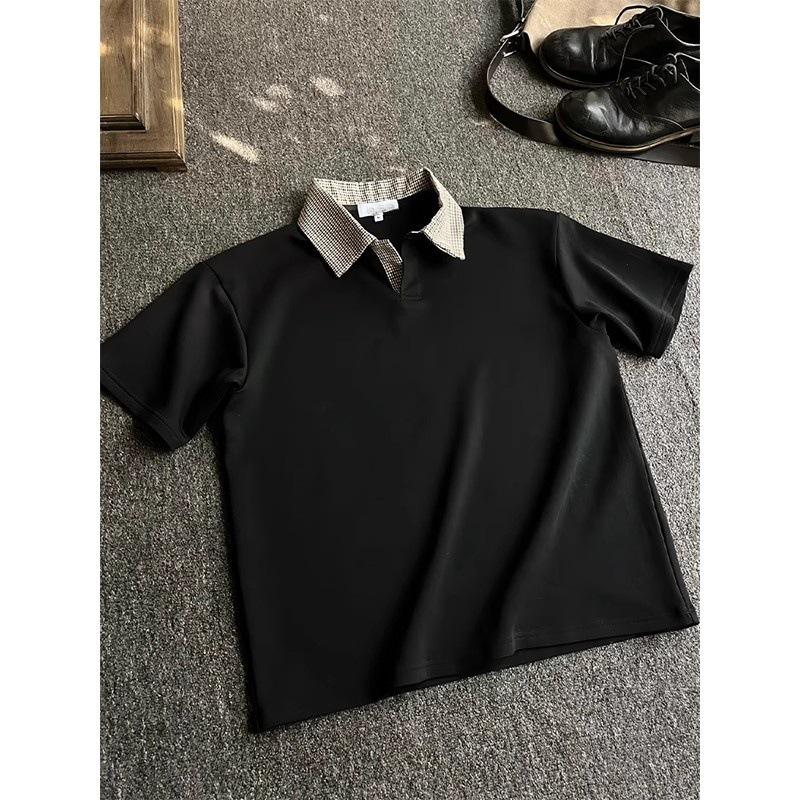 Houndstooth Short-sleeve Men's Summer Lapel Poolo Shirt, Straight-shoulder Henley Shirt T-shirt Versatile Casual Men Plaid Collar Short Sleeve Polo