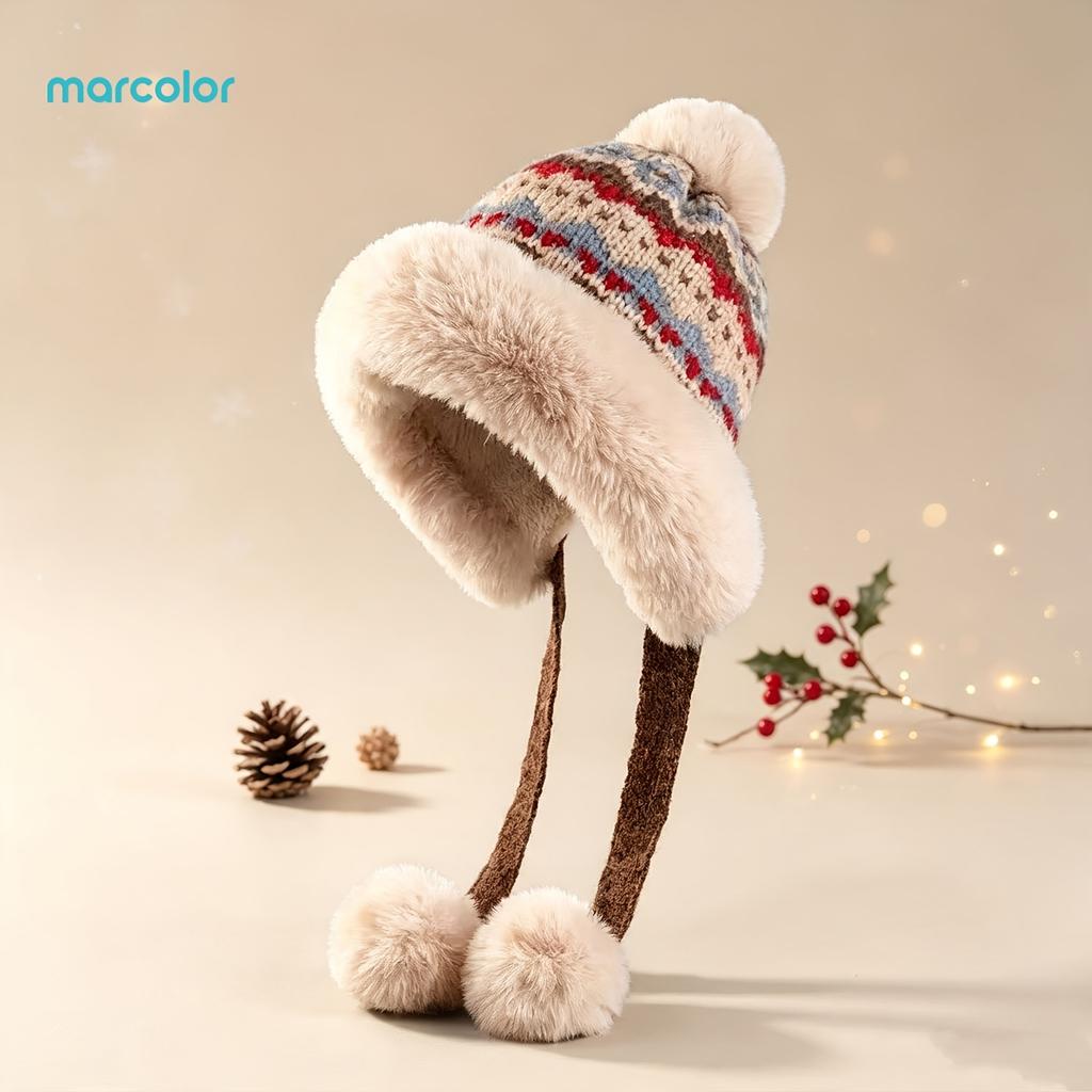 Women Winter Trapper Hat, Faux Earflap Hat with Pom Pom, Warm Fleece Lined Cold Weather Ski Hat for Outdoor Travel