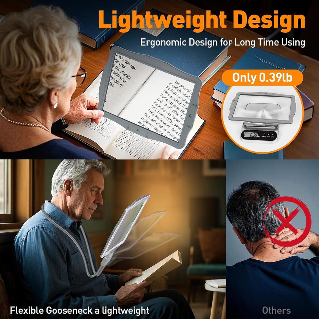 10X Rechargeable Neck Magnifying Glass with Light and Stand, Large Full Page Magnifier with Light Hands Free, Ultra-Bright LED Flexible Gooseneck