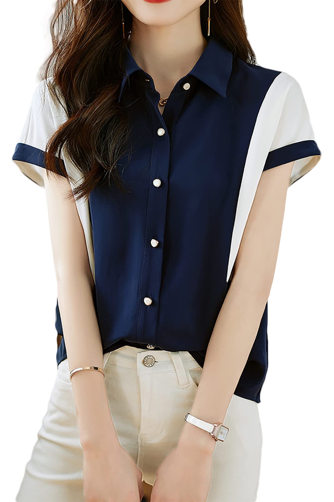 

Летняя блузка для короткой спереди клерикальной одежды [H. zroy] женщины, рубашка, рукава, топ, переключение, отложной воротник, пуговицы, застежка, элегантный, офис, OL,