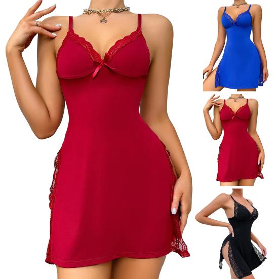 Dámské sexy noční košile hluboký výstřih do V bez rukávů krajka patchwork dělená mašle Jednobarevné jemné dámské šaty na spaní v délce nad kolena
