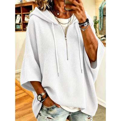 Damen S Locker geschnitten Kapuzen Waffelstrick Sweatshirt mit Reißverschluss Kordelzug Fledermausärmel Oberbekleidung