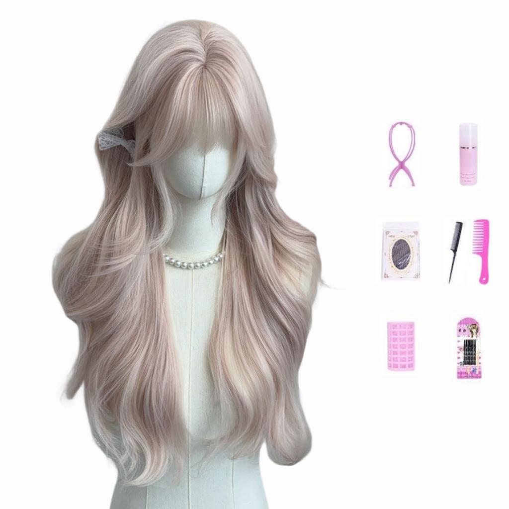 Women's Grey Pink Long Curly Synthetic Wig With Bangs Natural Long-Smooth Heat Resistant Wavy Wig For Cosplay Daily Wear