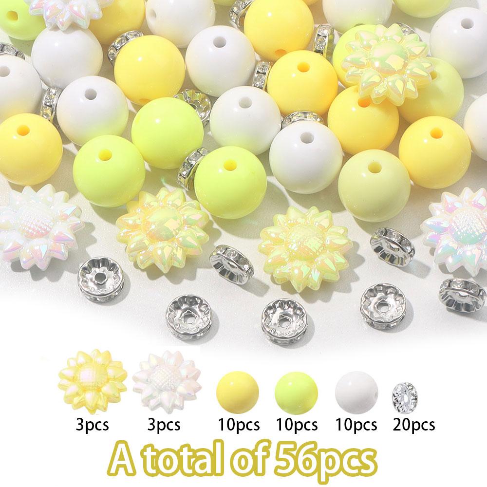 56pcs acrylic decorative beads, including 30 15.5mm round acrylic beads, 6 acrylic flower shaped beads, and 20 10mm shiny spacer beads